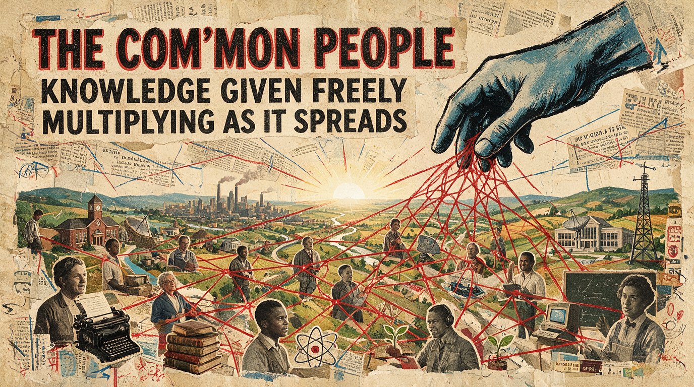 A giant hand extends a network of connections across a vast landscape - knowledge given freely, multiplying as it spreads