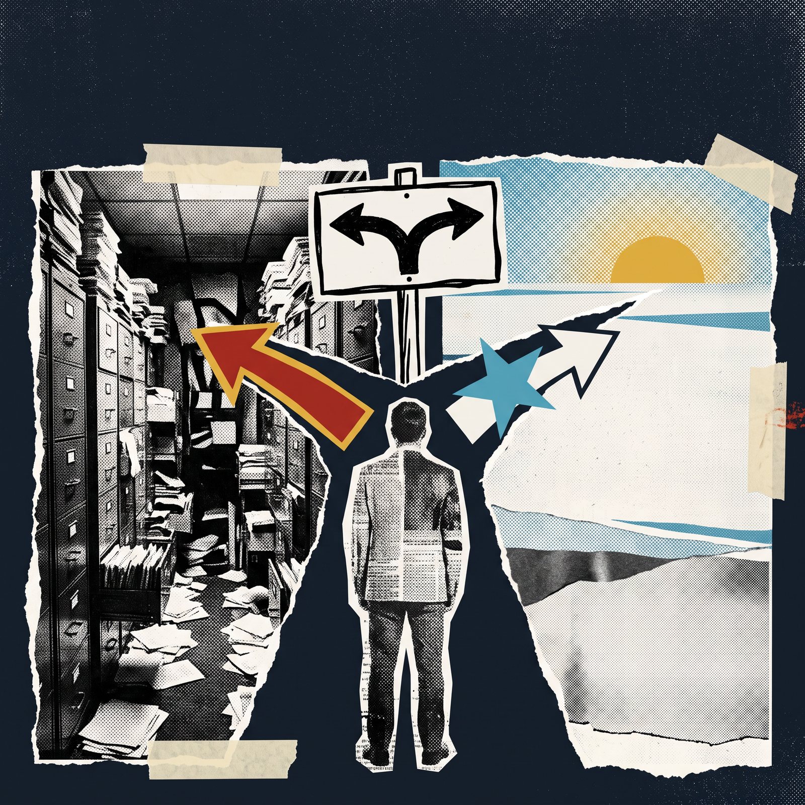 A figure stands at a fork in the road. One arrow points back into a dark room of overstuffed filing cabinets, the other towards an open landscape and a rising sun. The choice between filing apprenticeships away and building your workforce around them.