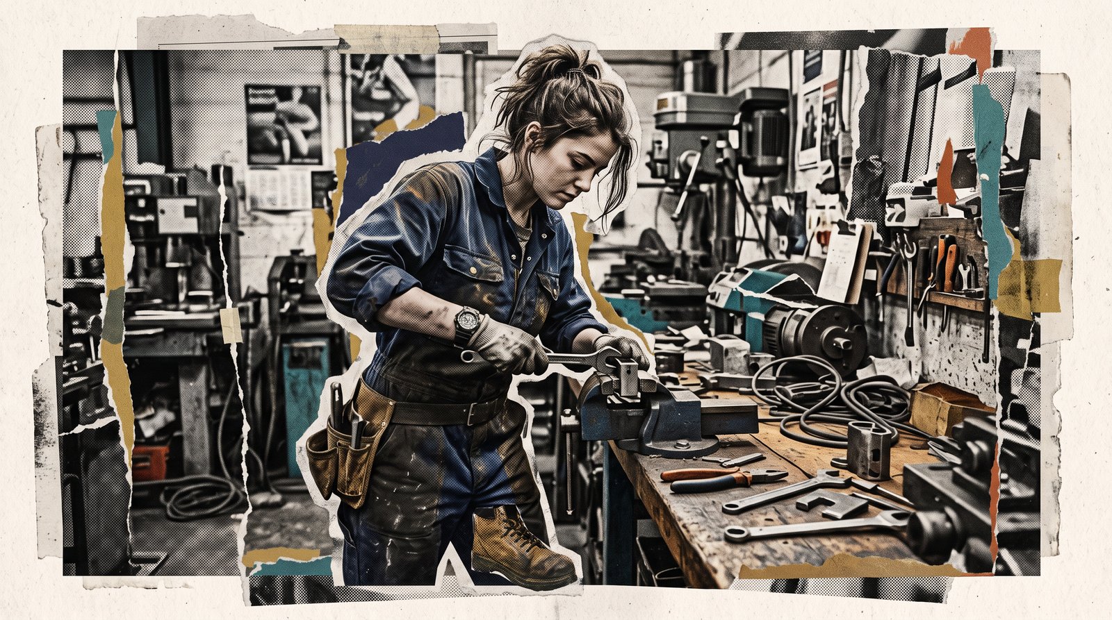 A young apprentice in workwear learning a skilled trade at a workbench in a British workshop, surrounded by tools.