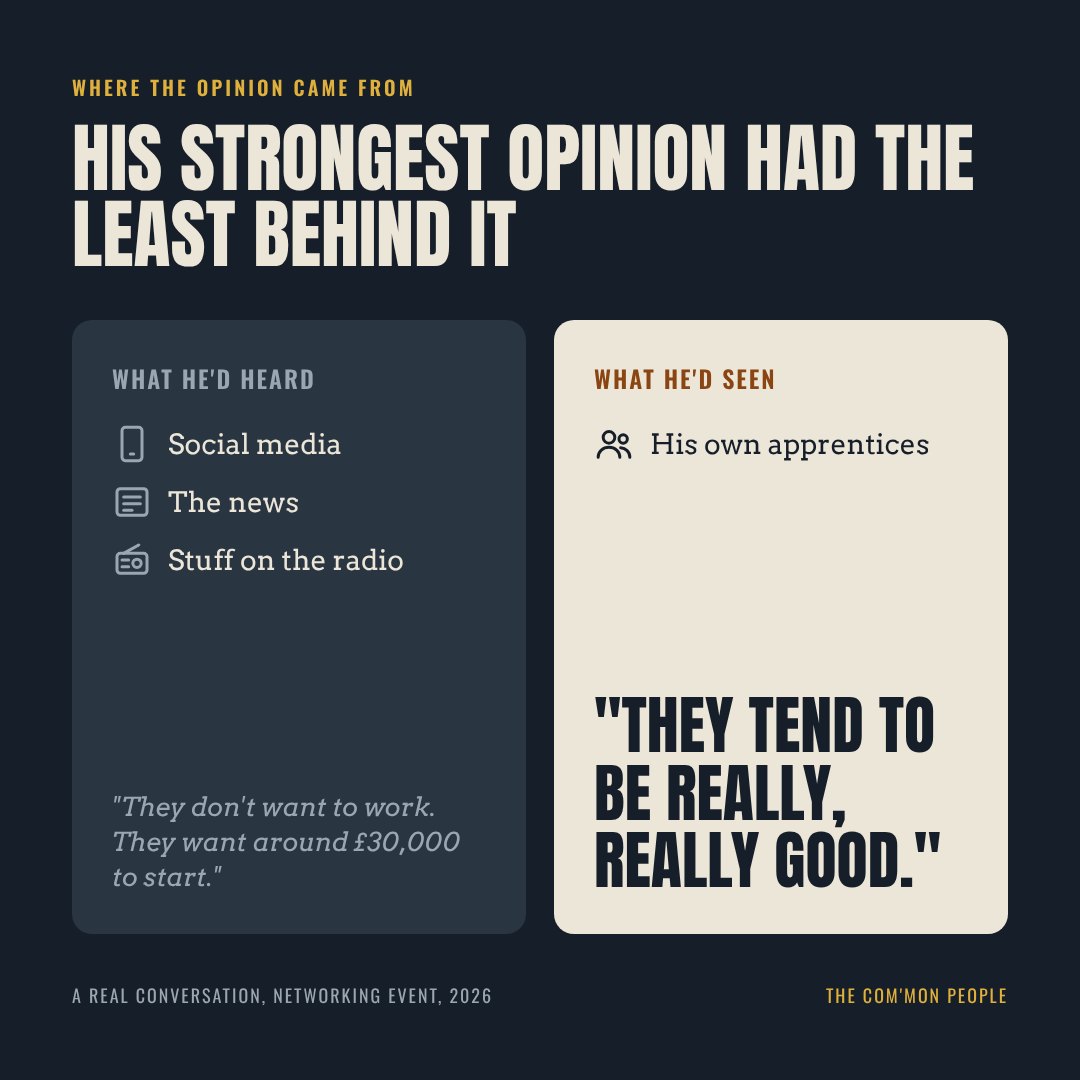 Two panels. What he'd heard, from social media, the news and the radio: they don't want to work and want around thirty thousand pounds to start. What he'd seen, from his own apprentices: they tend to be really, really good.