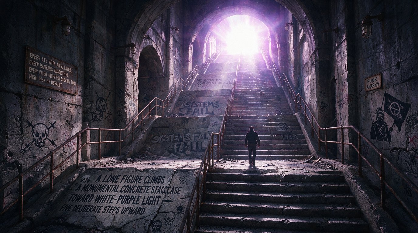 A lone figure climbs a monumental concrete staircase toward white-purple light - five deliberate steps upward