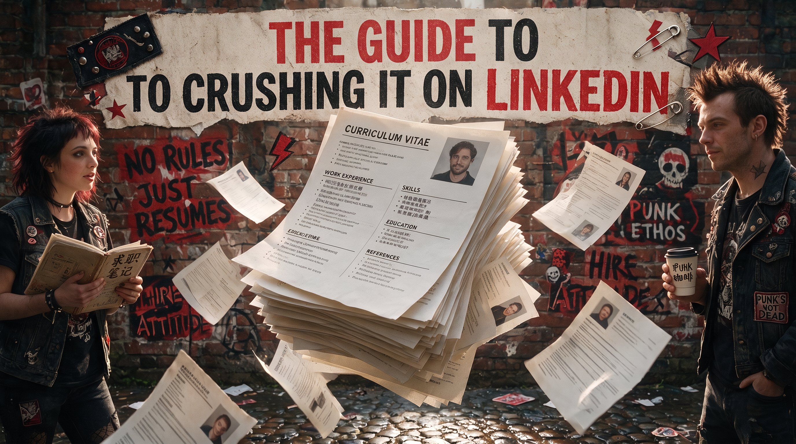 A stack of falling CV pages catching the light