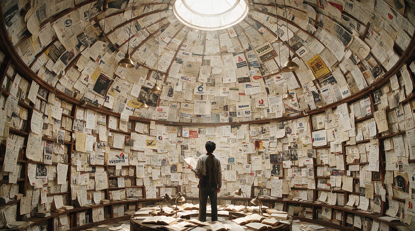 A lone figure stands at the centre of a vast circular chamber, walls covered floor to ceiling in documents - the observatory
