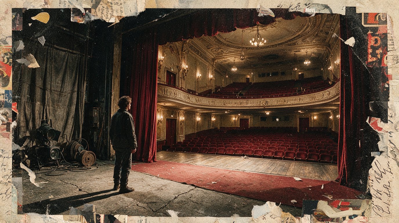 A figure watches over a vast empty auditorium from the wings - the room you are walking into