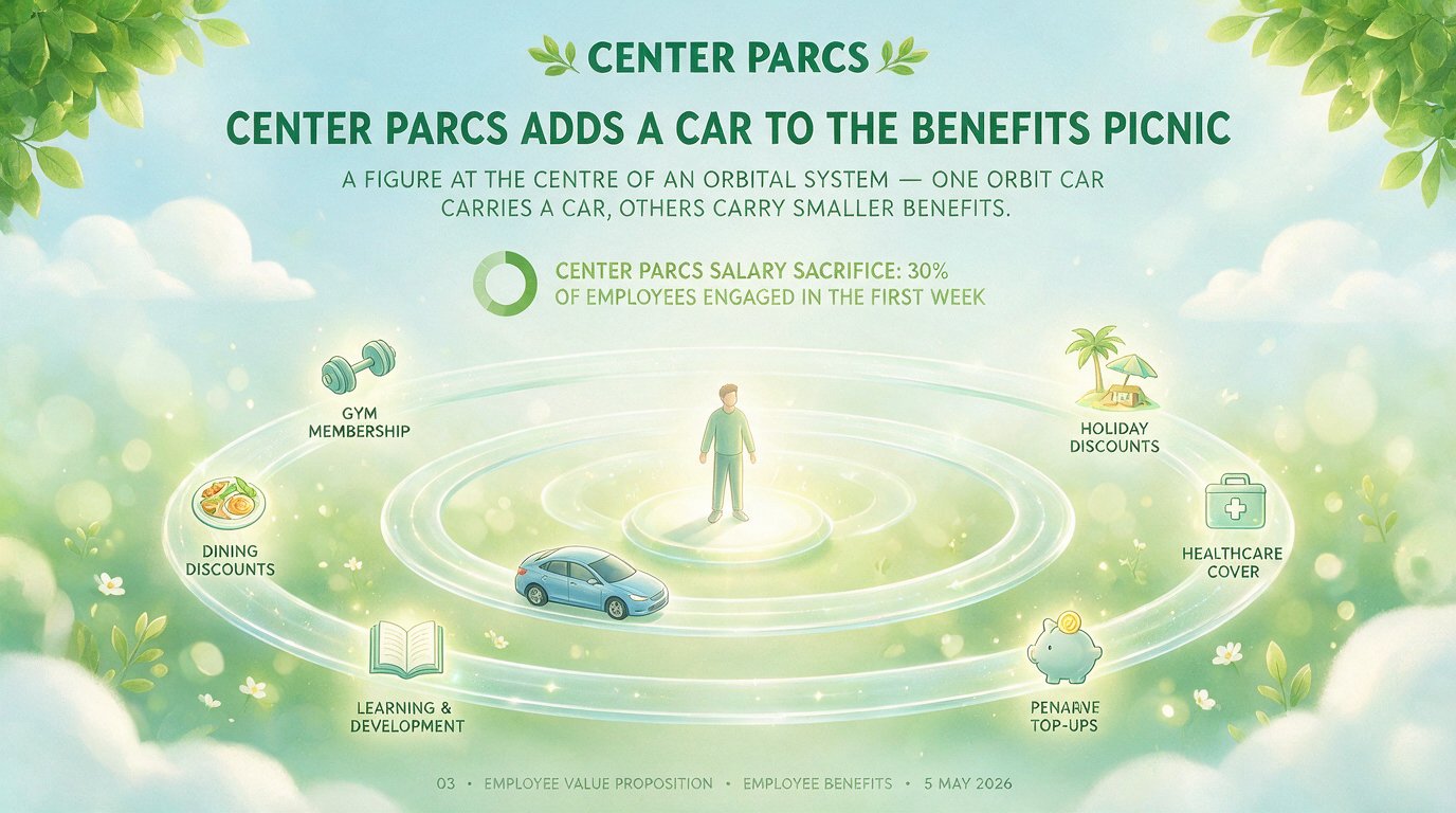 A figure at the centre of an orbital system - one orbit carries a car, others carry smaller benefits