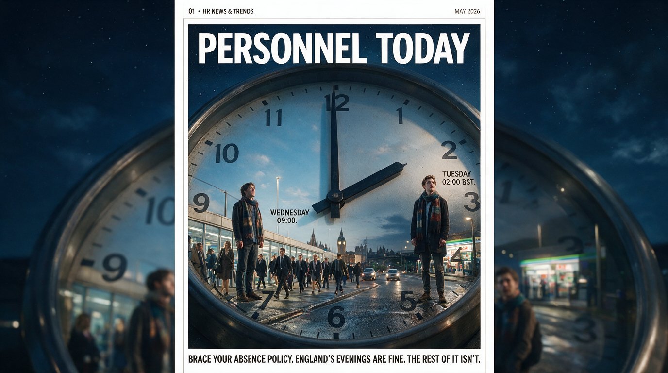 Two figures at different positions on a vast clock face - the same person at 2am and at 9am