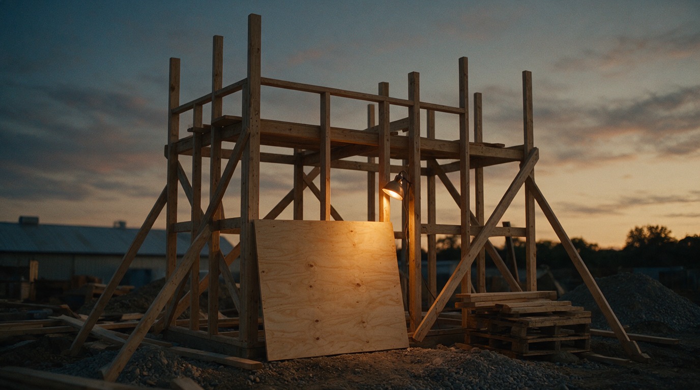 A half-built timber scaffold at dusk, lit by a single work lamp, mid-construction.