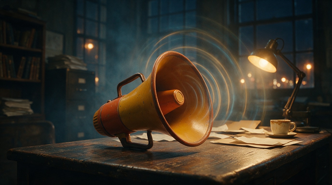 A vintage bullhorn on a desk in a dim newsroom, sound-wave rings breaking through the haze.