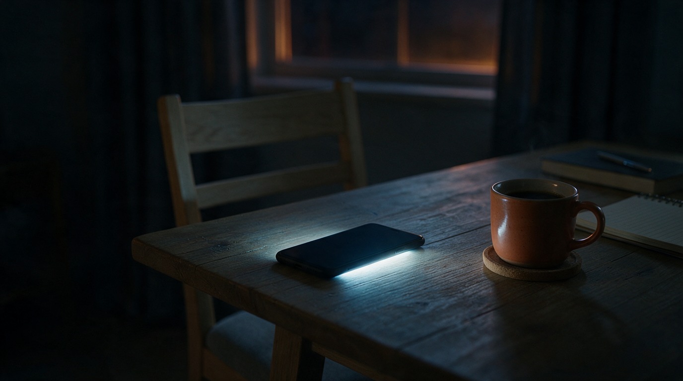 A smartphone face-down on a desk in a dark room, screen-glow bleeding out, an empty chair beyond.