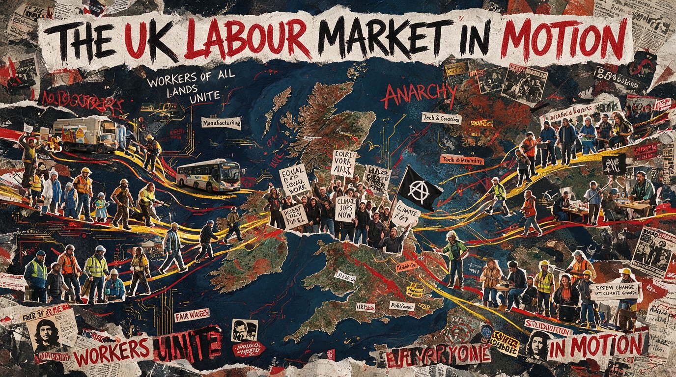 People flowing across a vast landscape of lines and currents - the UK labour market in motion